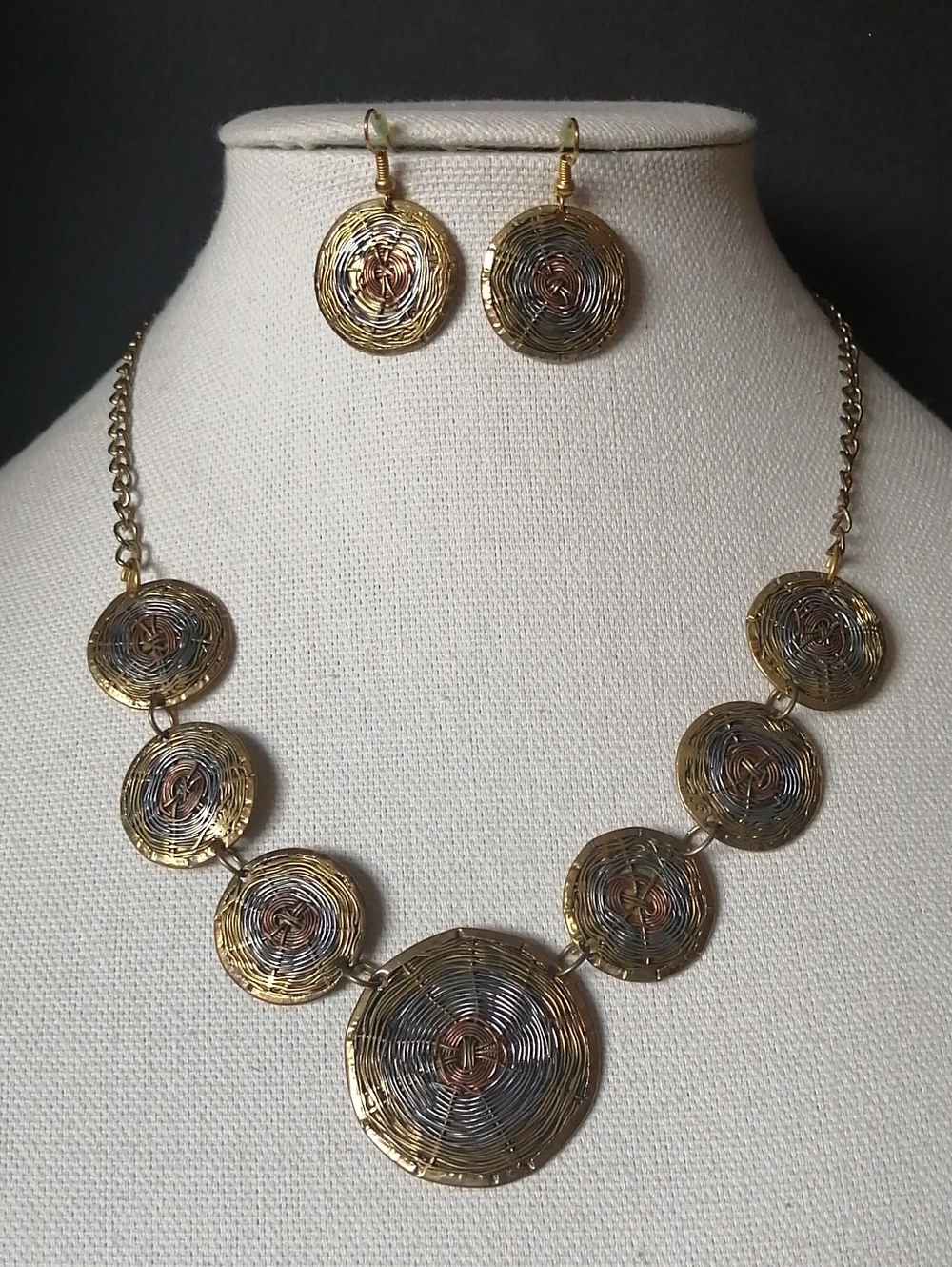 Boho Mixed Metals Woven Wire Discs Necklace Earrings Set